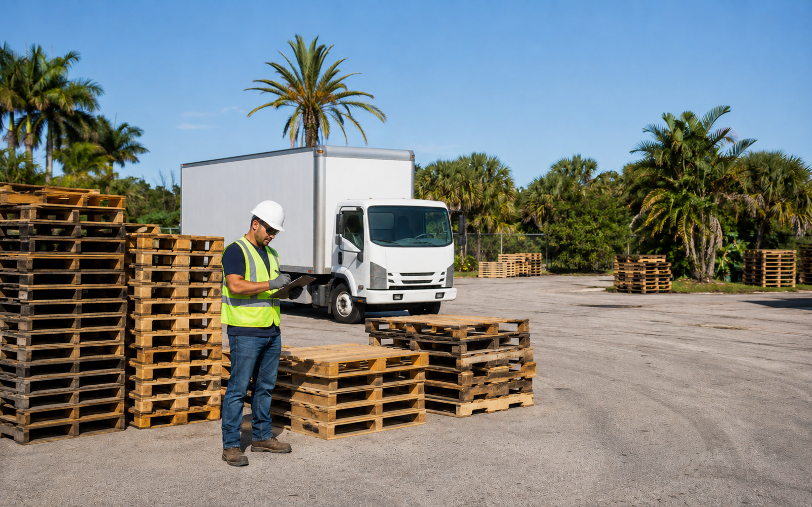 A worker in safety gear documents staged wooden pallets beside an unbranded collection truck in Southwest Florida.
