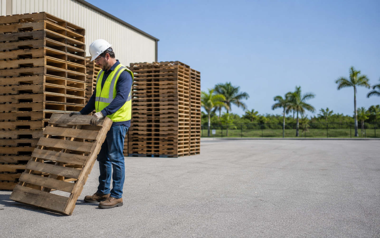 A worker in safety gear inspects a wooden pallet in an organized Southwest Florida yard.